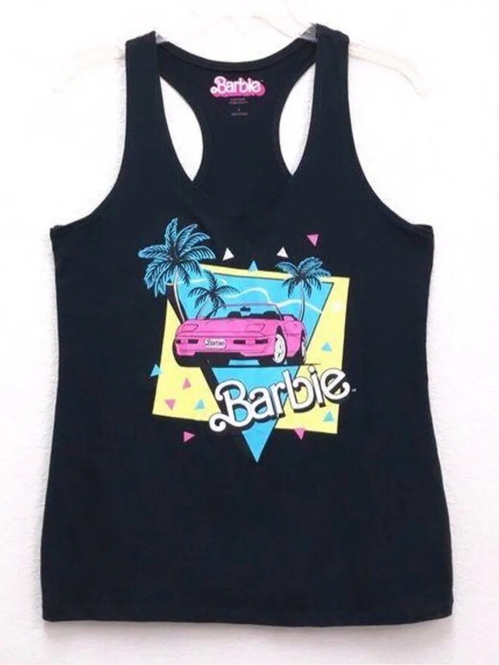 Barbie Black Tank 80’s retro style Pink Convertible and Blue Palm Graphic